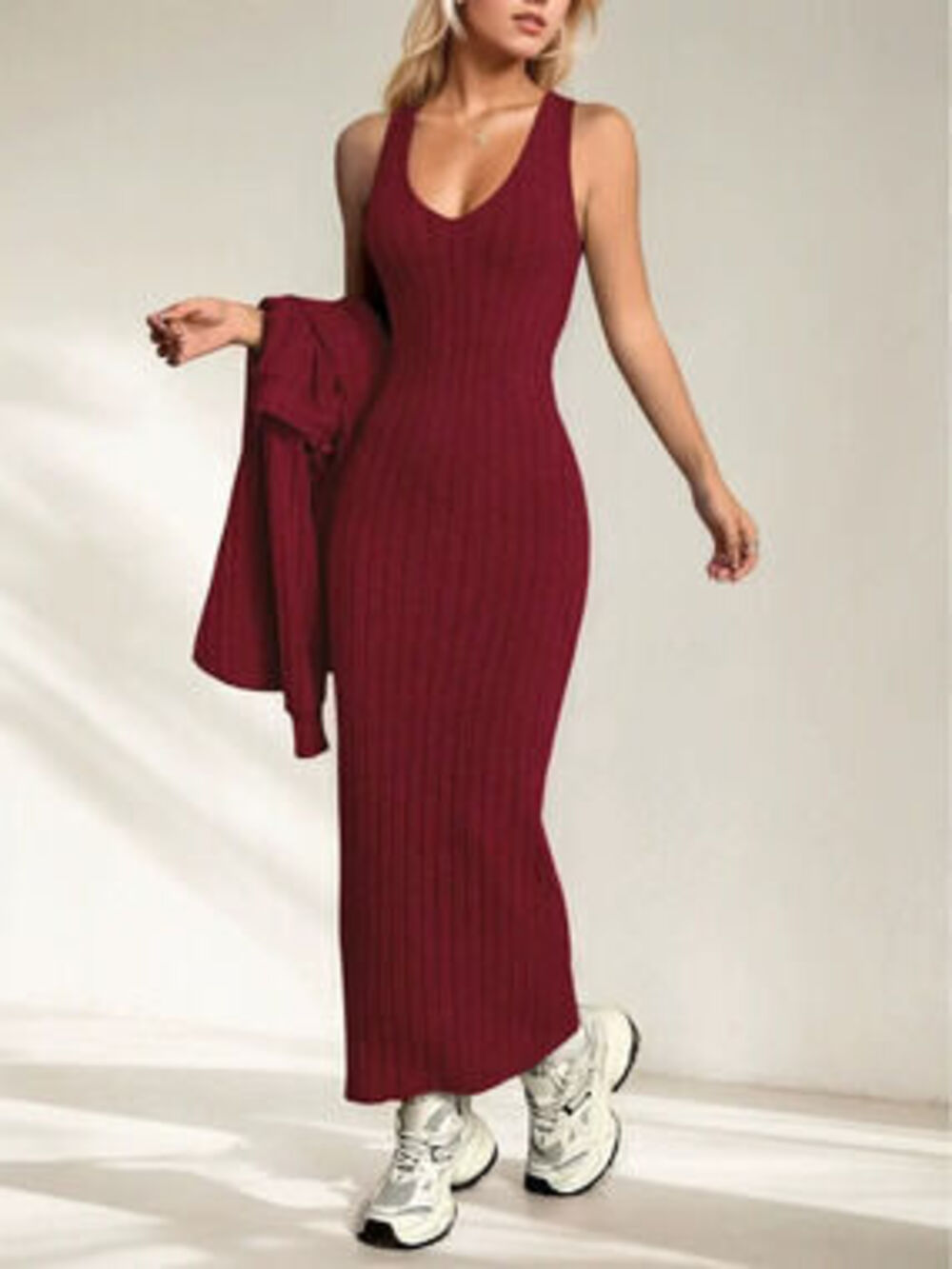 Solid Classy Knit Slip Dress 2-Piece Set Office European Luxury